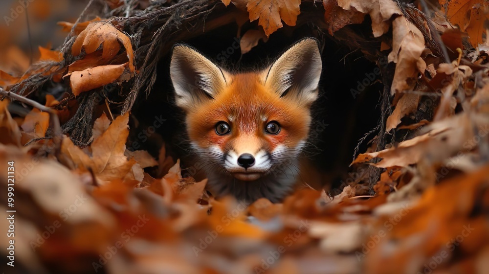 A young fox curiously peeks out from a cozy den autumn leaves and undergrowth surrounding it A young fox curiously peeks out from a cozy den autumn leaves and undergrowth surrounding it