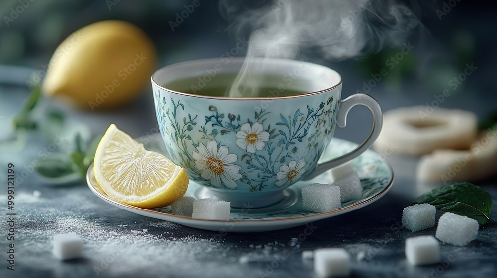 Beautiful porcelain teacup holding tea served with lemon wedge and sugar cubes on the side Beautiful porcelain teacup holding tea served with lemon wedge and sugar cubes on the side