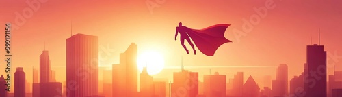 A superhero flying over a city flat design, front view, futuristic metropolis theme, cartoon drawing, Triadic Color Scheme