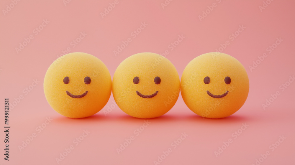 emotional, mood, nihilism concept: three yellow balls with blank, expressionless faces arranged in a flat, evenly spaced pattern against an isolated soft pink background emotional, mood, nihilism concept: three yellow balls with blank, expressionless faces arranged in a flat, evenly spaced pattern against an isolated soft pink background