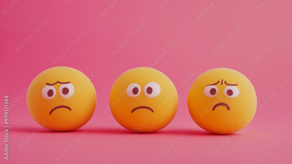 emotional, mood, pondering concept: three yellow balls with thoughtful expressions emotional, mood, pondering concept: three yellow balls with thoughtful expressions