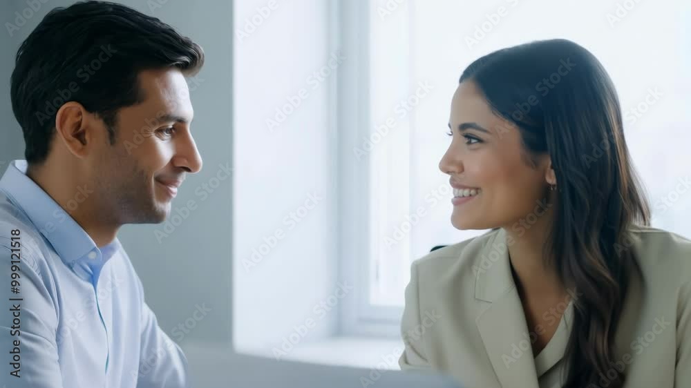 A man and a woman sit together smiling in a bright room, engaged in a friendly conversation. The moment highlights connection and human interaction in a warm setting. A man and a woman sit together smiling in a bright room, engaged in a friendly conversation. The moment highlights connection and human interaction in a warm setting.