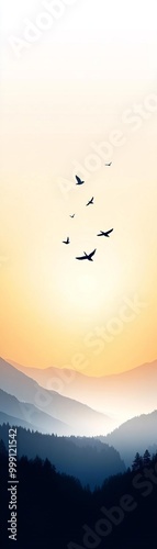 Birds flying over mountains flat design, top view, nature reserve theme, water color, Triadic Color Scheme