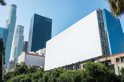 Blank billboard at skyscrapers backgound, mock up