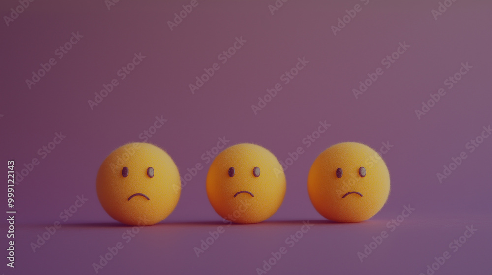 emotional, mood, sadness concept: three yellow balls with sad faces arranged in a slightly slumped pattern against an isolated dusty plum background emotional, mood, sadness concept: three yellow balls with sad faces arranged in a slightly slumped pattern against an isolated dusty plum background