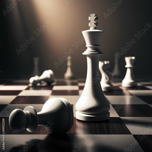 Black and white modern chess board, white king as well as most white pieces standing, white wins this round.