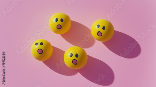 emotional, mood, surprise concept: three yellow balls with surprised faces arranged in a scattered, dynamic pattern against an isolated powder pinksoft pink background