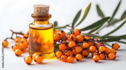 Isolated white background with sea buckthorn berries and oil bottle 