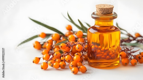 Isolated white background with sea buckthorn berries and oil bottle 