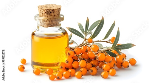 Isolated white background with sea buckthorn berries and oil bottle 