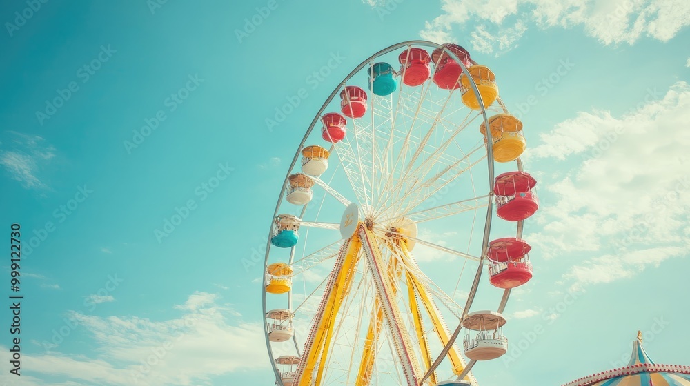 A colorful Ferris wheel against a blue sky. This image can be used for various purposes, including promoting amusement parks, carnivals, and summer fun. A colorful Ferris wheel against a blue sky. This image can be used for various purposes, including promoting amusement parks, carnivals, and summer fun.