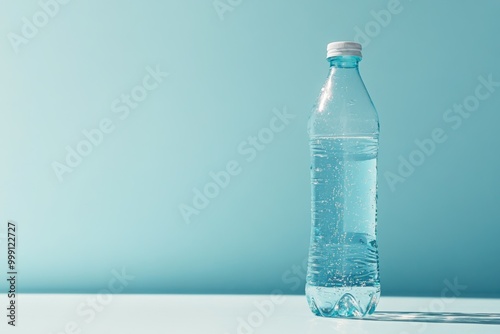 Refreshing sparkling water in a clear plastic bottle on a light blue background, perfect for thirst quenching on a sunny day