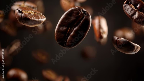 flying coffee beans in slow motion with detailed texture on dark background