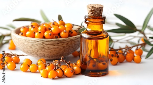 Isolated white background with sea buckthorn berries and oil bottle 