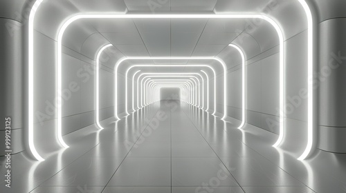 A Futuristic White Tunnel with Bright Neon Lights