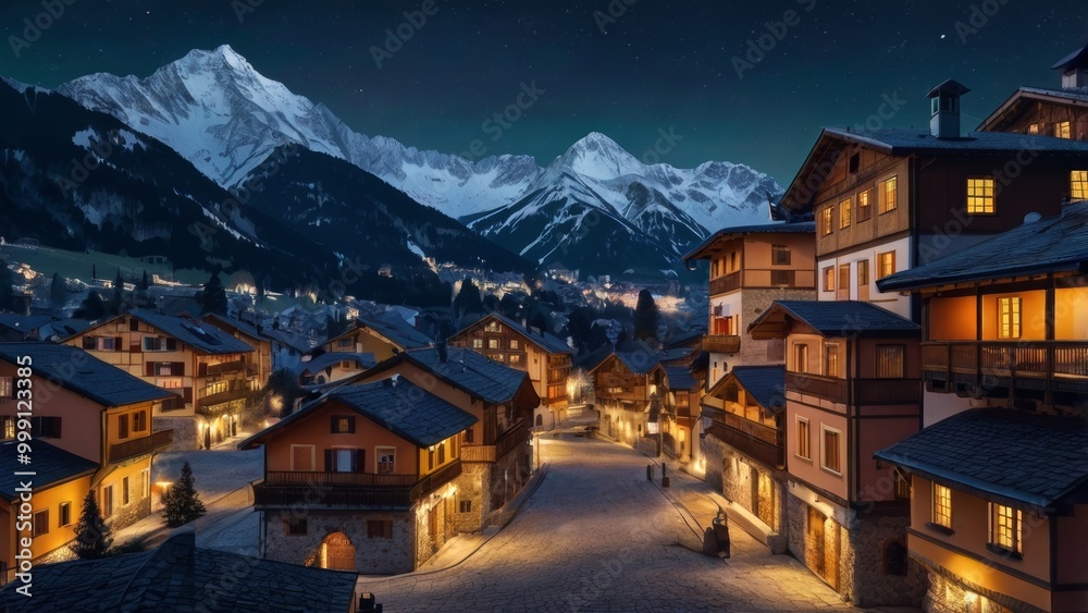 Winter mountain night landscape with chalet houses, snow, frozen lake and trees. Small wooden cottages with yellow light in windows in alpine village or ski resort, Winter mountain night landscape with chalet houses, snow, frozen lake and trees. Small wooden cottages with yellow light in windows in alpine village or ski resort,