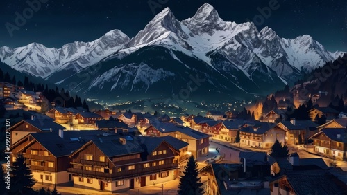 Winter mountain night landscape with chalet houses, snow, frozen lake and trees. Small wooden cottages with yellow light in windows in alpine village or ski resort,