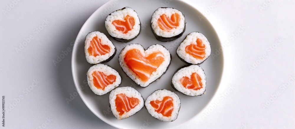 A plate of heart-shaped sushi rolls with salmon, artfully arranged, creating a delightful presentation perfect for special occasions. A plate of heart-shaped sushi rolls with salmon, artfully arranged, creating a delightful presentation perfect for special occasions.