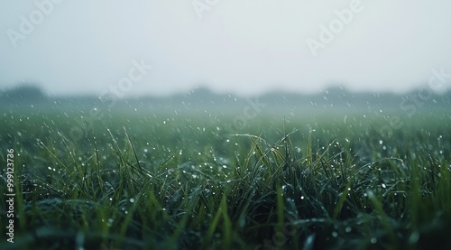 A photograph of a grassy field with heavy rain, a grey sky, water droplets in the air, a blurred background, and a shallow depth of focus photo