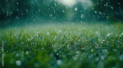 A photograph of a grassy field, with heavy rain falling on the lush, green lawn, and droplets of water splashing in mid-air.  photo