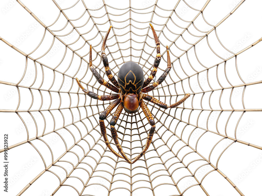 Fototapeta premium A close-up view of a large, black and orange spider sitting in the center of a web, with its legs outstretched. The web is a detailed, intricate design with a white background