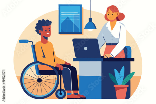 Person in wheelchair at workplace. Hiring disabled people. Inclusion concept. Flat vector illustration