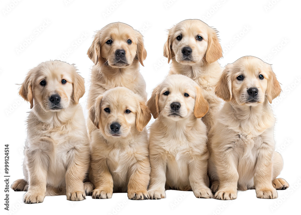 Six Golden Retriever puppies sit side by side, their faces turned towards the camera. They are all looking at the viewer with cute, curious expressions Six Golden Retriever puppies sit side by side, their faces turned towards the camera. They are all looking at the viewer with cute, curious expressions