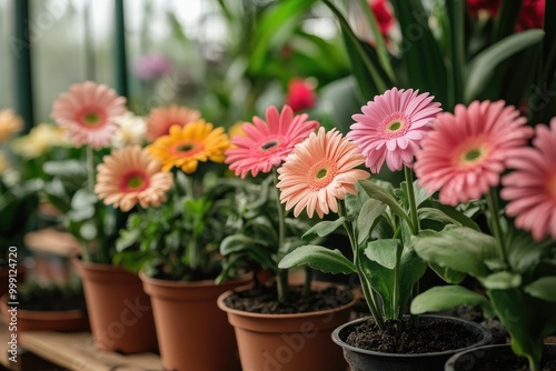 Gerbera daisies in pots with fresh soil. Perfect for spring and summer gardening and floral designs.