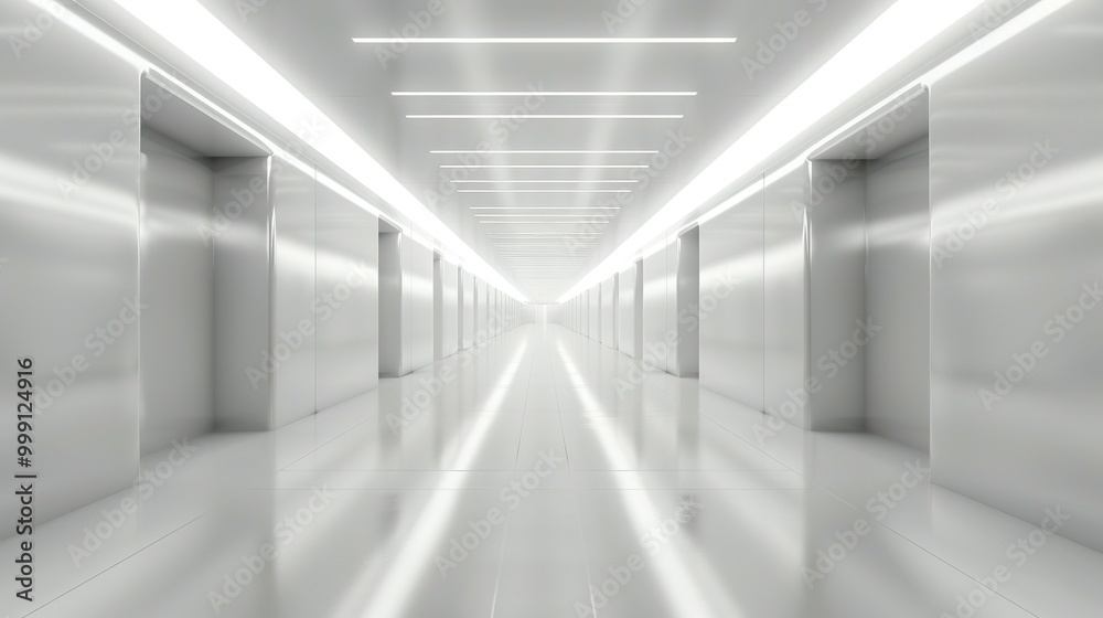 Obraz premium A Long, White Hallway with Bright Lights and Doors