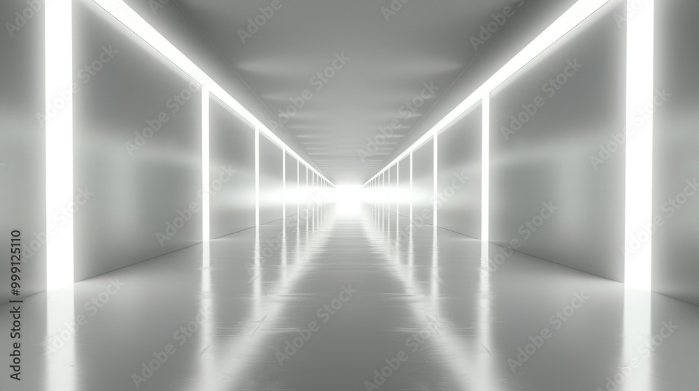 A long, white hallway with bright fluorescent lights A long, white hallway with bright fluorescent lights