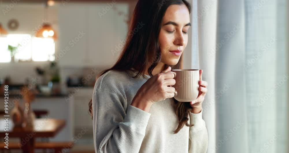 Aroma, window and coffee with woman in living room of house for morning routine, vision and idea. Relax, peace and memory with person and tea cup at home for wake up, inspiration and reflection