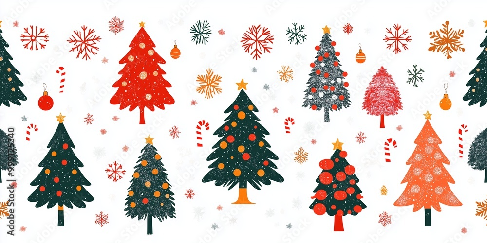A cheerful and festive seamless pattern featuring a variety of illustrated Christmas trees in red and green hues, adorned with ornaments and stars. A cheerful and festive seamless pattern featuring a variety of illustrated Christmas trees in red and green hues, adorned with ornaments and stars.