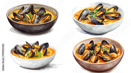 Four bowls of food, each with a different color and type of food. The bowls are arranged in a row, with the first bowl on the left and the fourth on the right