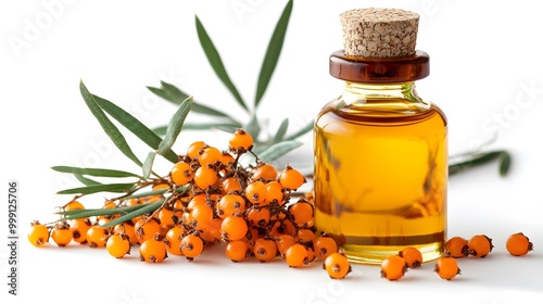 Isolated white background with sea buckthorn berries and oil bottle 