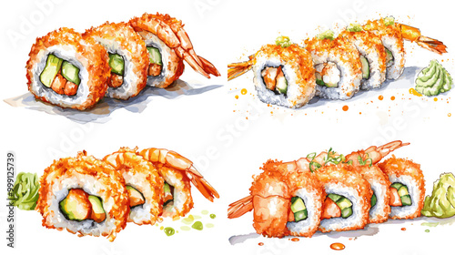 Four different types of sushi rolls are shown in a row, each with a different topping. The rolls are arranged in a way that highlights their unique ingredients and textures