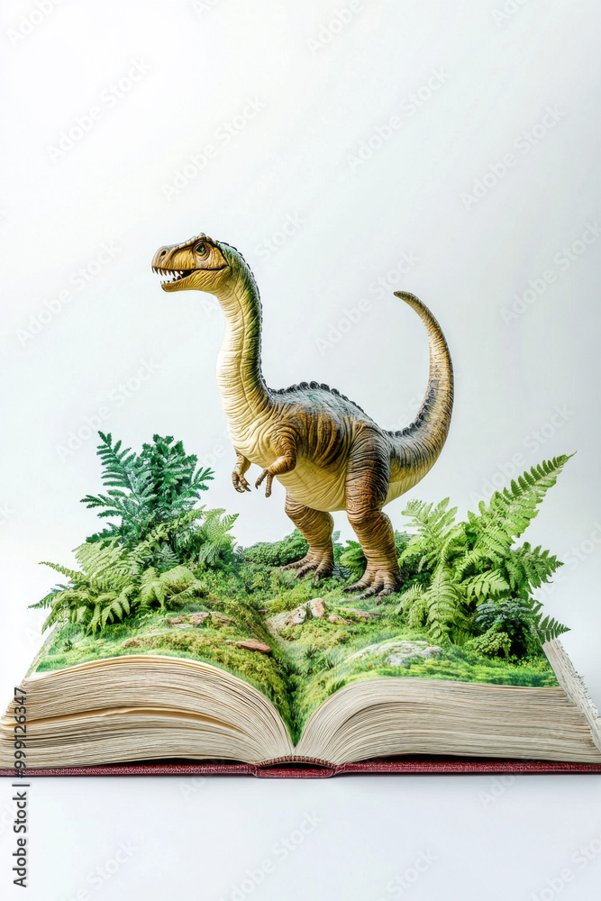 Fototapeta premium A realistic dinosaur figurine emerging from an open book with lush greenery, symbolizing the riveting journey through prehistoric times.