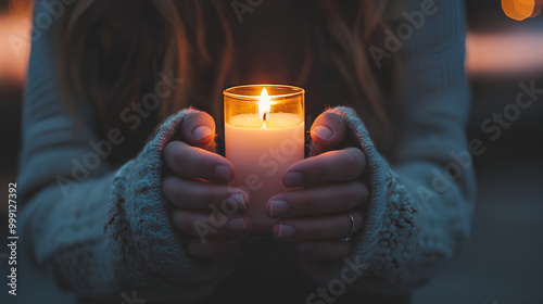 Woman is holding a candle in her hand photo