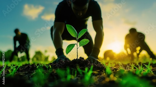 Eco Activists Planting Trees in Vibrant Park - Double Exposure Silhouette with Environmental Growth, Close Up Focus on Copy Space photo