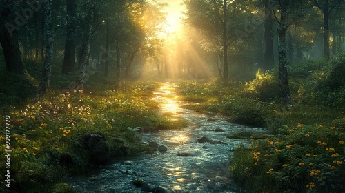 Sunbeams Through a Forest Stream - Tranquil Nature Photography