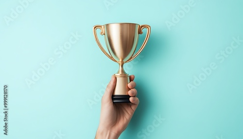 Golden Trophy Held Against Turquoise Background