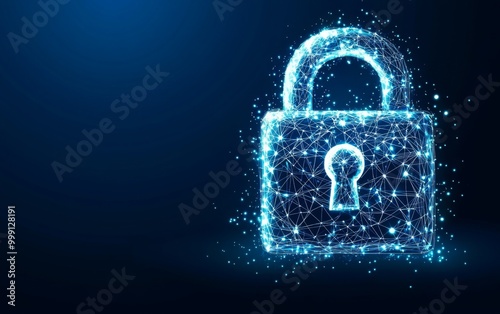 Cybersecurity concept symbol made of glowing dots on a blue background, featuring a polygonal line grid in an abstract digital network design. Ideal for online protection and data safety themes. photo