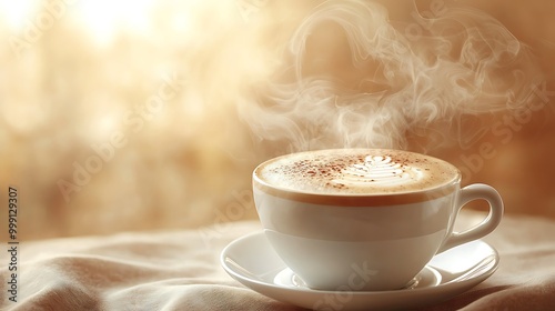 A steaming cup of coffee, topped with intricate latte art, rests against a warm beige background.