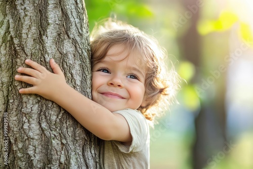 A child hugs a tree in a forest. This photo captures the joy and innocence of childhood, as well as the beauty of nature.