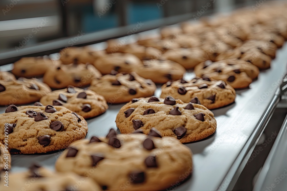 Chocolate chip cookies on a conveyor belt. A photo of fresh baked cookies on a conveyor belt in a factory setting, perfect for bakery, food, and production themes. Chocolate chip cookies on a conveyor belt. A photo of fresh baked cookies on a conveyor belt in a factory setting, perfect for bakery, food, and production themes.