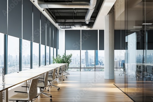 Modern office interior with city view and natural light.