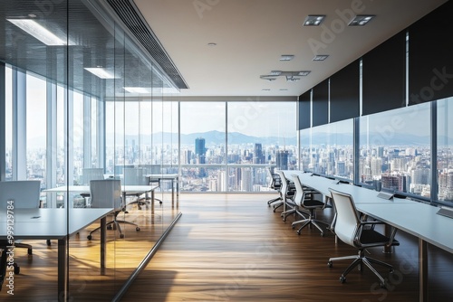 Modern office interior with city view and natural light.