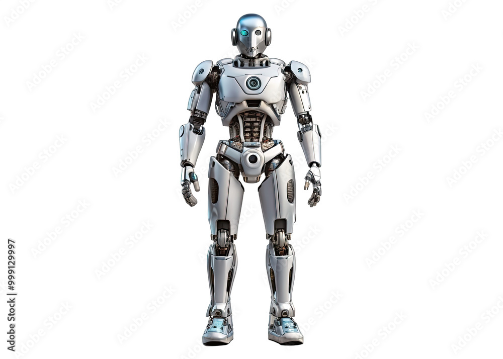 A white humanoid robot stands against a white background. It has blue eyes and a metallic, articulated body A white humanoid robot stands against a white background. It has blue eyes and a metallic, articulated body