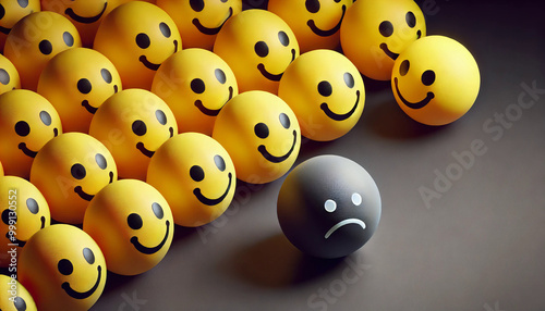 Lonely sad gray face surrounded by smiling yellow faces photo