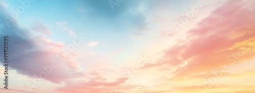Pastel-colored clouds in a dreamy sky create an ethereal atmosphere, featuring a gradient of soft pinks, blues, oranges, and yellows reminiscent of a sunset or sunrise, perfect for various themes like