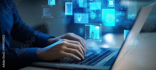 Wallpaper Mural Person using a laptop to process data and digital documents in an office, with floating icons symbolizing technology integration into business streams, set against a blue-toned futuristic background. Torontodigital.ca